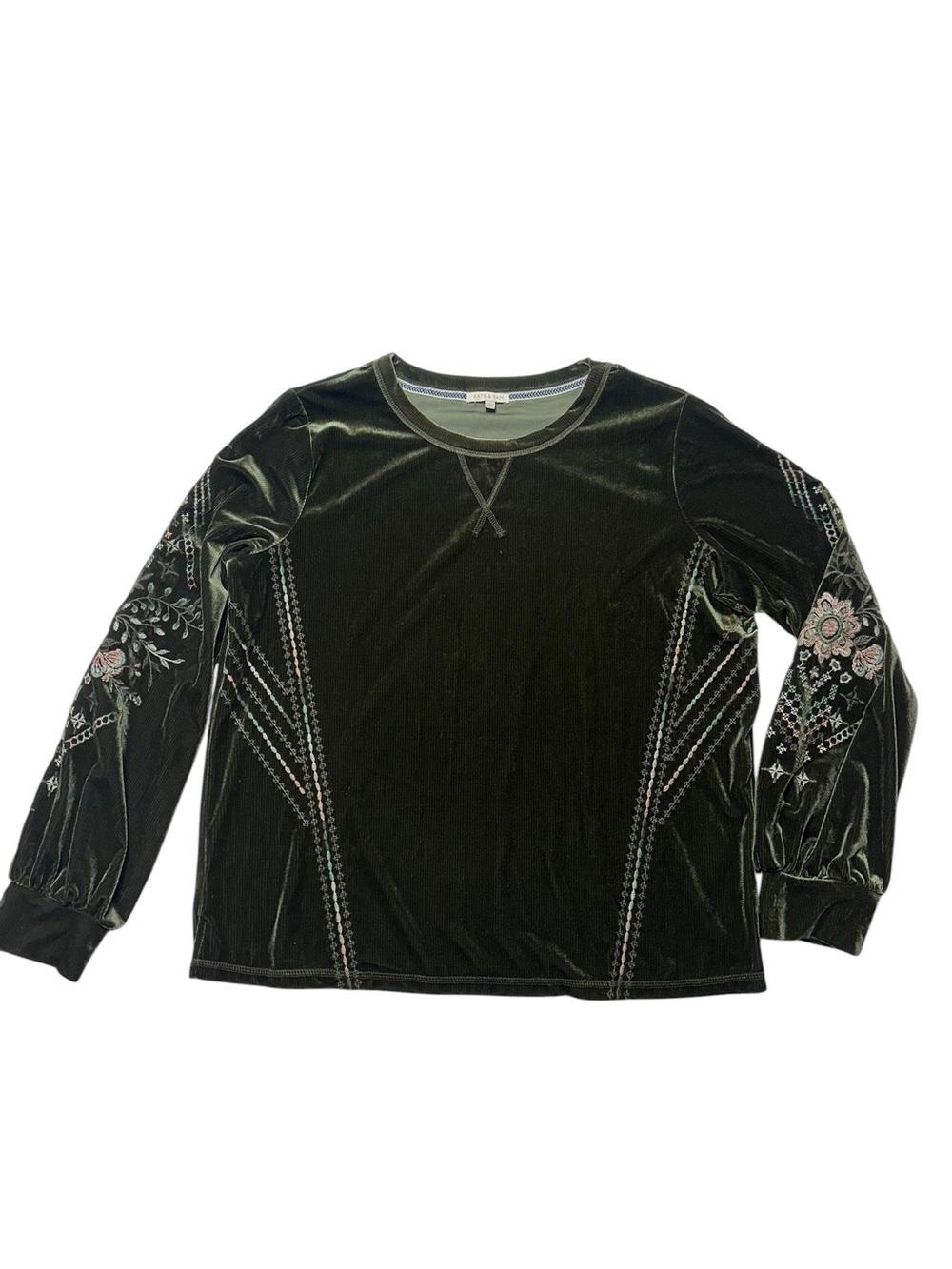 Kate & Sam Olive Green Velvet Embroidered Balloon Sleeve Boho Top Size L